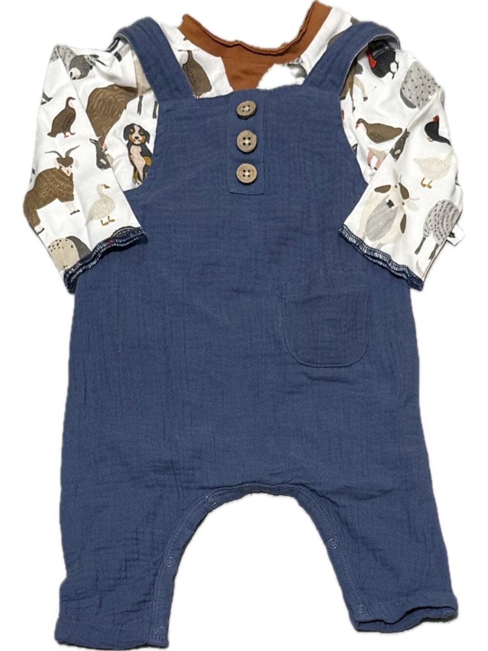 Mud Pie 3m 6m NWT farm animal shirt blue overall romper 2pc Set cotton gauze